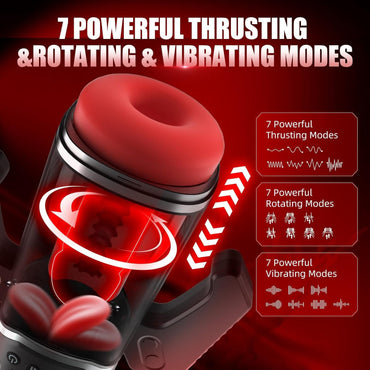 The black handheld heated automatic male masturbator has 7 modes: propulsion, rotation, and vibration
