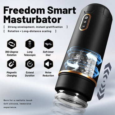 The black handheld rotating automatic male masturbator has 6 functional designs