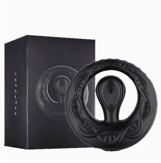 Black wearable electric male prostate stimulator packaging and product display