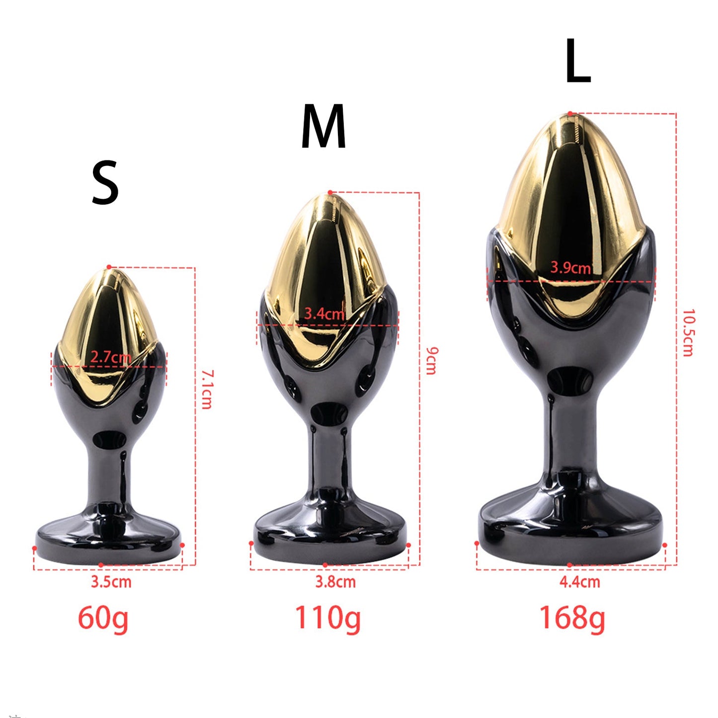 Gold gemstone base with threaded metal butt plug size chart