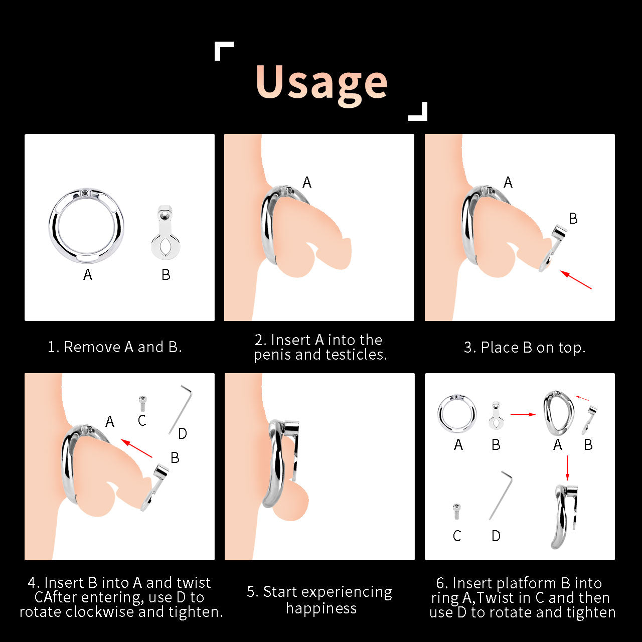 Ergonomic Stainless Steel Chastity Cage Auxiliary Ring Set with Adjustable Elastic Straps, Metal Anti-Off Ring & Allen Key Hardware