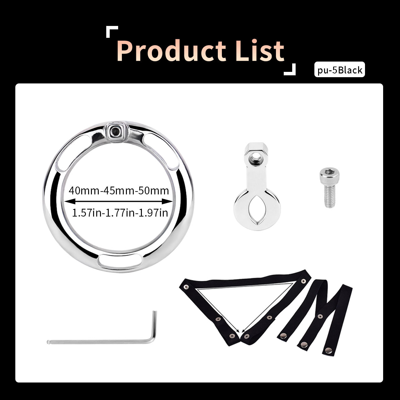 Ergonomic Stainless Steel Chastity Cage Auxiliary Ring Set with Adjustable Elastic Straps, Metal Anti-Off Ring & Allen Key Hardware