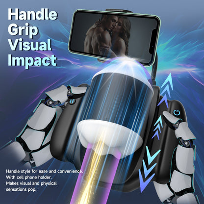 The app-controlled handheld simulated channel-heated male masturbator uses a handheld handle design
