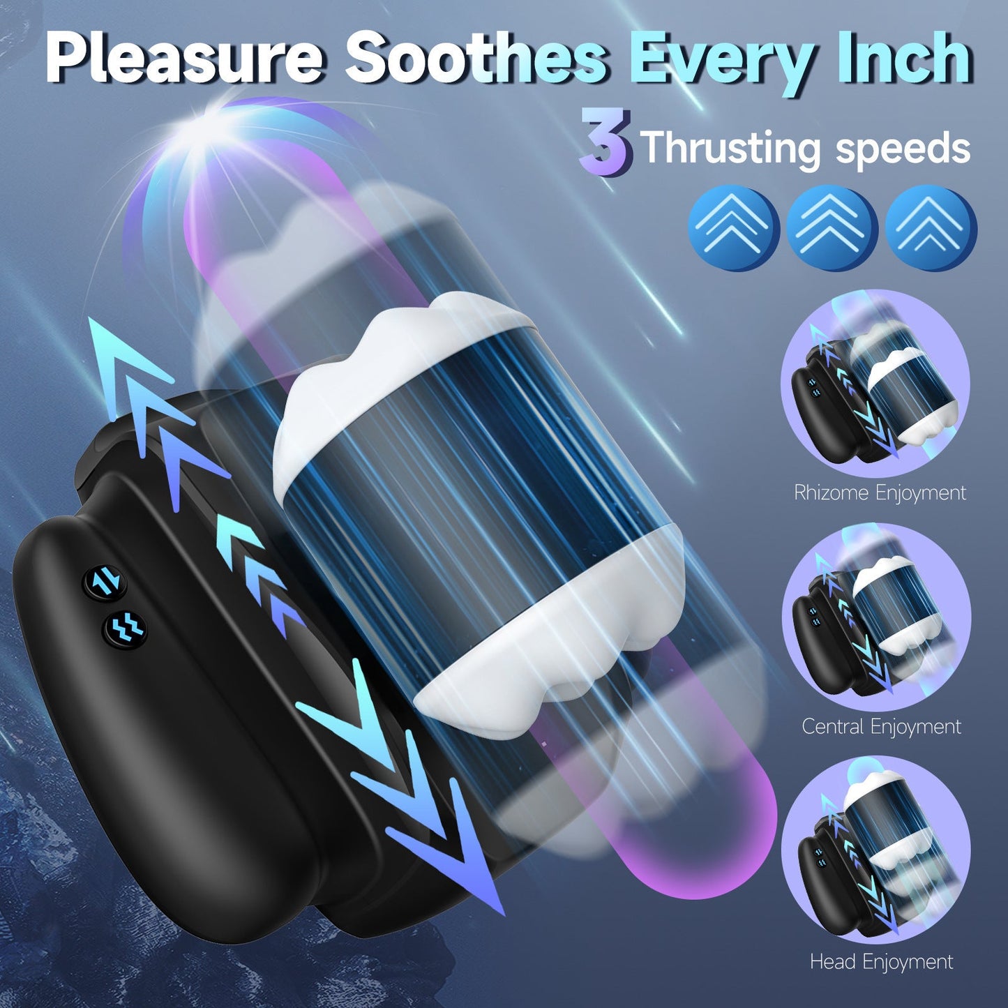The app-controlled handheld simulated channel heated male masturbator has three thrust speeds, allowing for complete penile stimulation