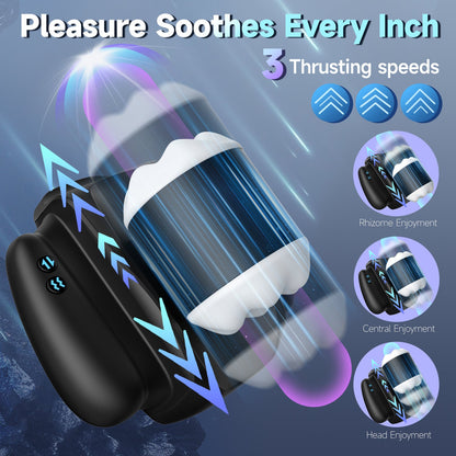 The app-controlled handheld simulated channel heated male masturbator has three thrust speeds, allowing for complete penile stimulation