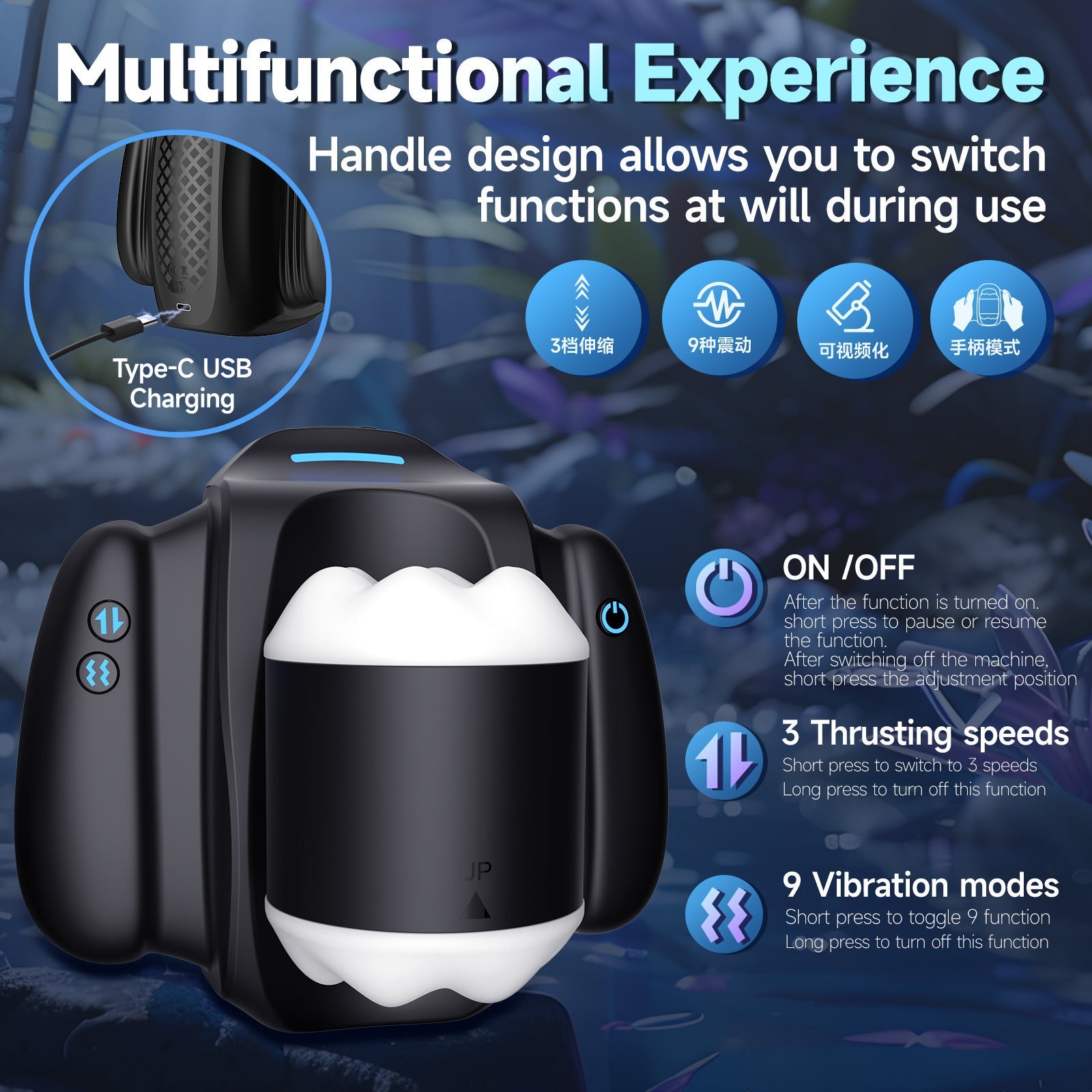 The app-controlled, handheld, simulated channel-heated male masturbator features a multi-functional design that allows for various switching options