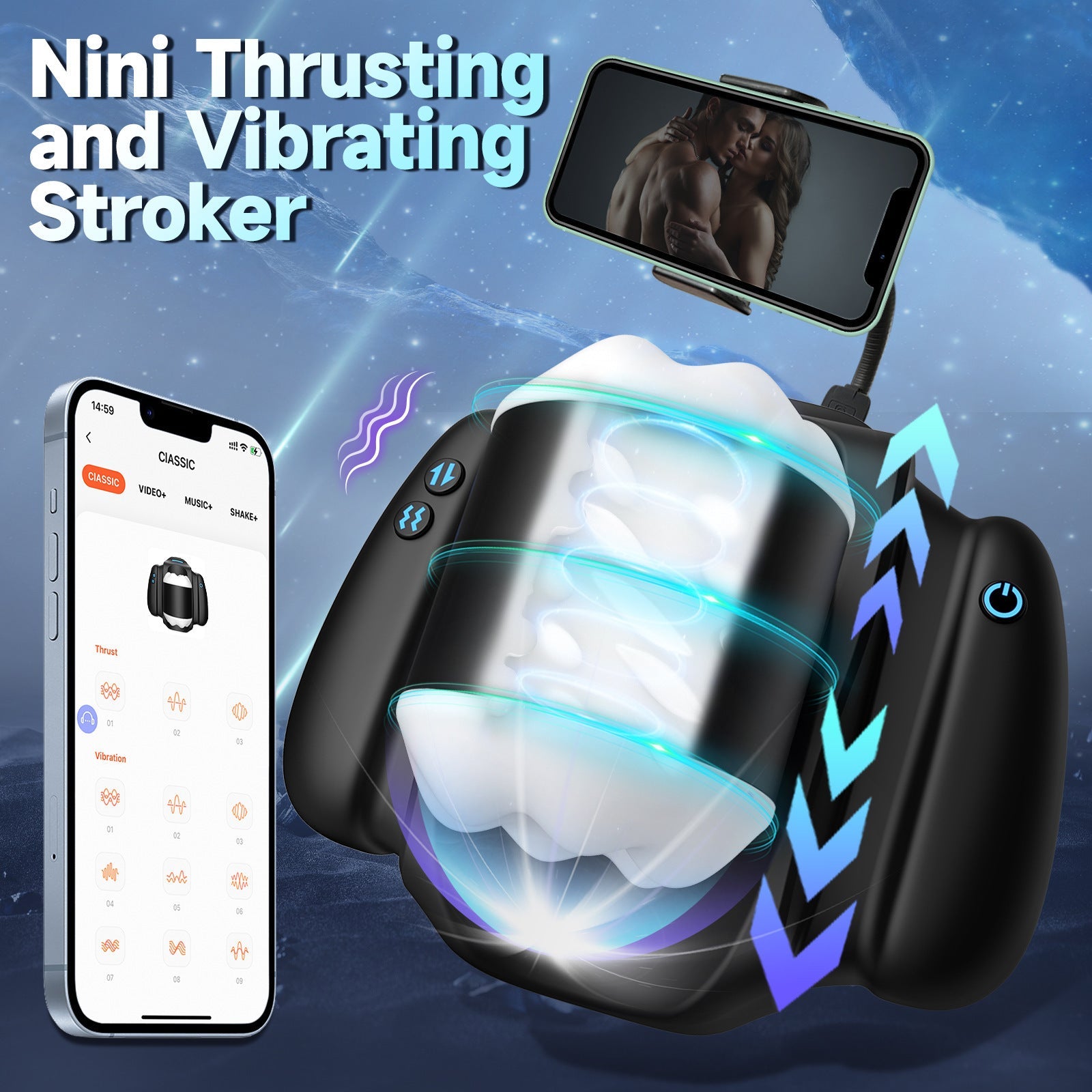 The app controls a handheld, simulated channel-heated male masturbator with rotation and heating functions
