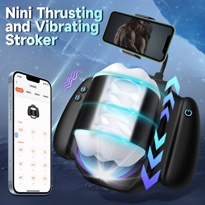 The app controls a handheld, simulated channel-heated male masturbator with rotation and heating functions