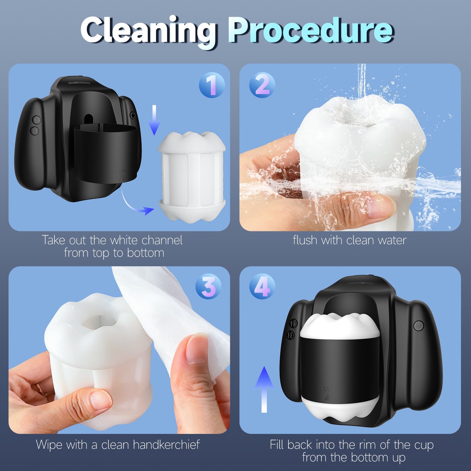 App-controlled handheld simulated channel heated male masturbator cleaning instructions