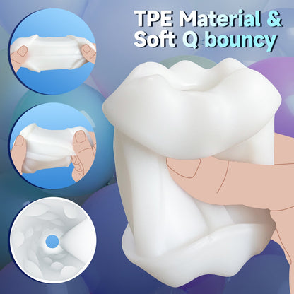 The app-controlled, handheld, simulated channel-heated male masturbator has a soft TPE lining