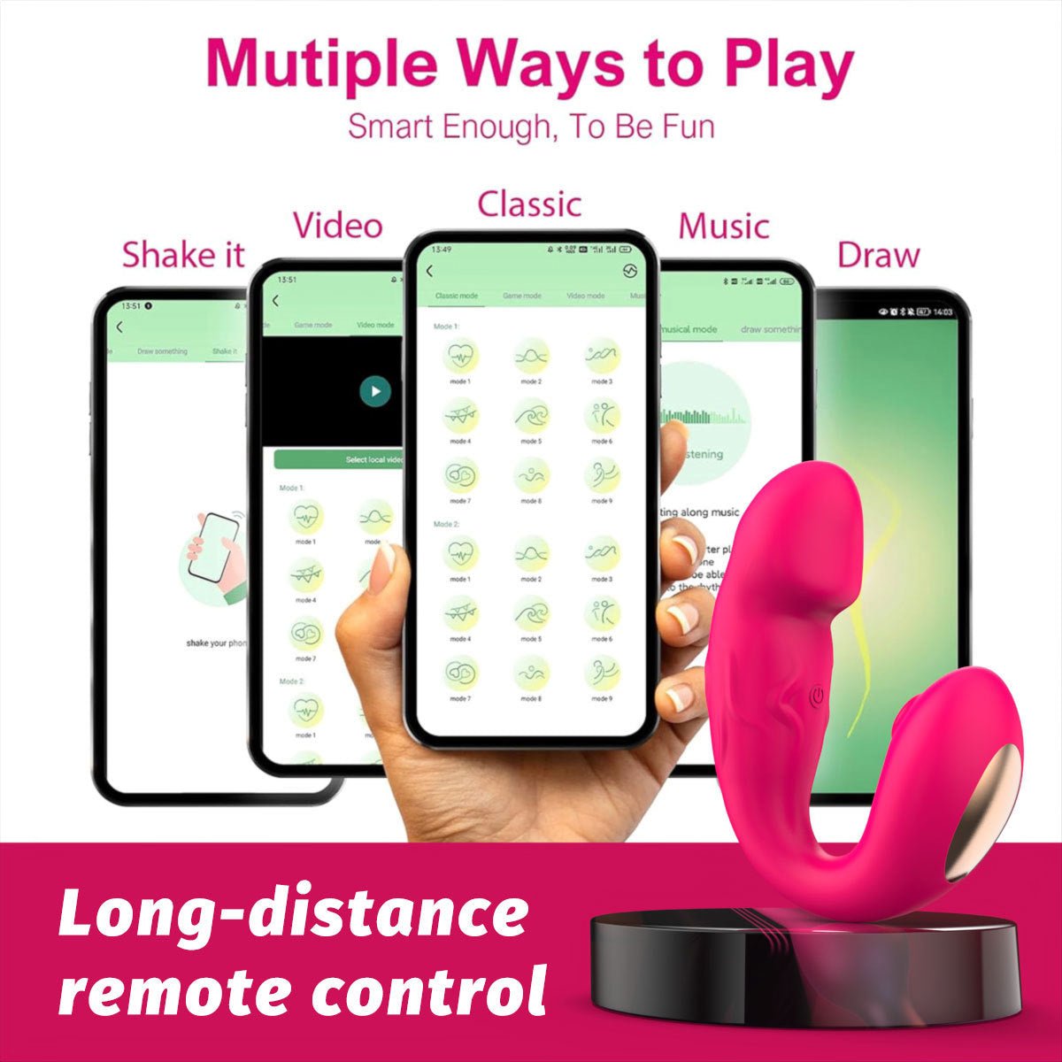 The app controls the red clitoral suction female vibrator and allows for the use of various functions.