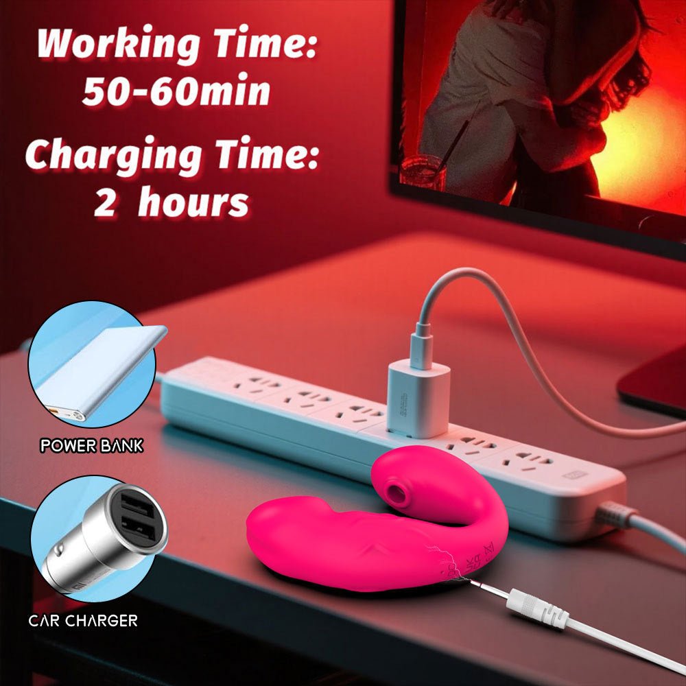 The app controls the red clitoral suction female vibrator, and it can be used for 50 to 60 minutes.