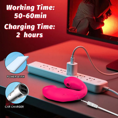 The app controls the red clitoral suction female vibrator, and it can be used for 50 to 60 minutes.
