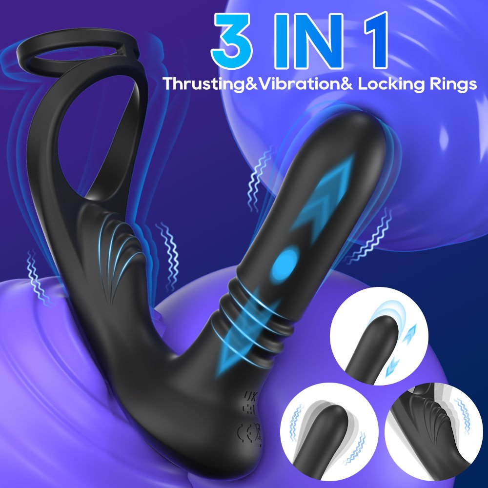 Black 3-in-1 electric male prostate stimulator with ring provides vibration, thrust, and locking functions simultaneously