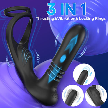 Black 3-in-1 electric male prostate stimulator with ring provides vibration, thrust, and locking functions simultaneously