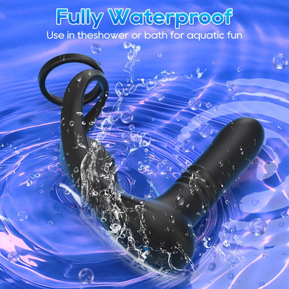 Black 3-in-1 electric male prostate stimulator with ring, featuring a waterproof design