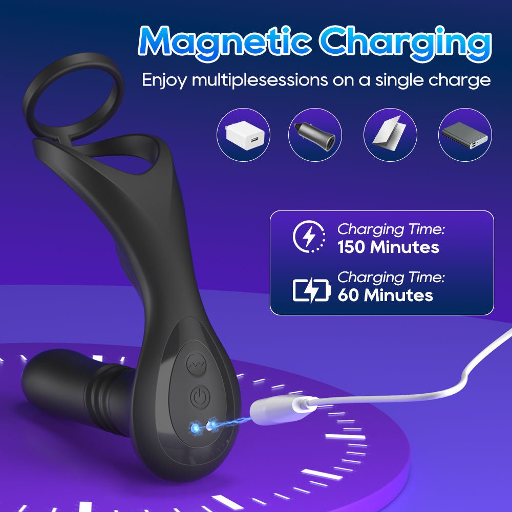 Black 3-in-1 electric male prostate stimulator with ring supports multiple devices