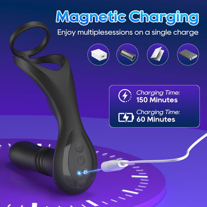 Black 3-in-1 electric male prostate stimulator with ring supports multiple devices