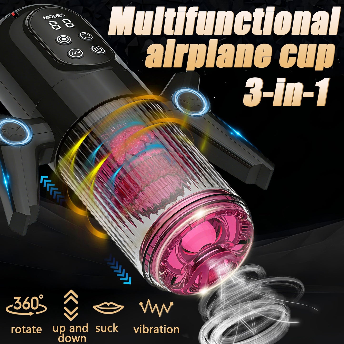 The black 3-in-1 multifunctional handheld electric male masturbator offers a variety of experiences thanks to its multi-functional design