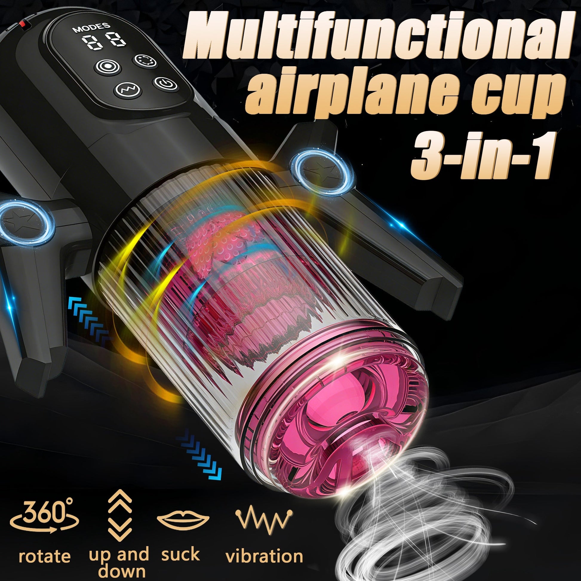 The black 3-in-1 multifunctional handheld electric male masturbator offers a variety of experiences thanks to its multi-functional design