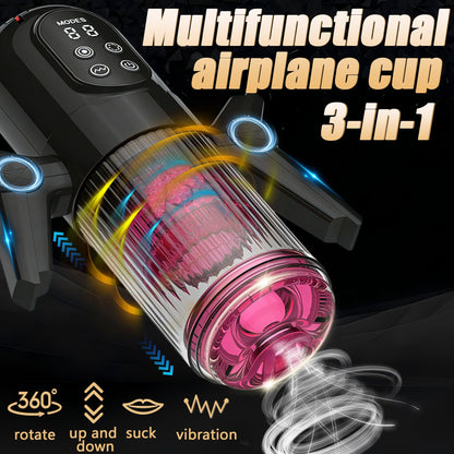 The black 3-in-1 multifunctional handheld electric male masturbator offers a variety of experiences thanks to its multi-functional design