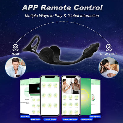 Black 3-in-1 wearable electric male prostate stimulator with ring, can be remotely controlled via app
