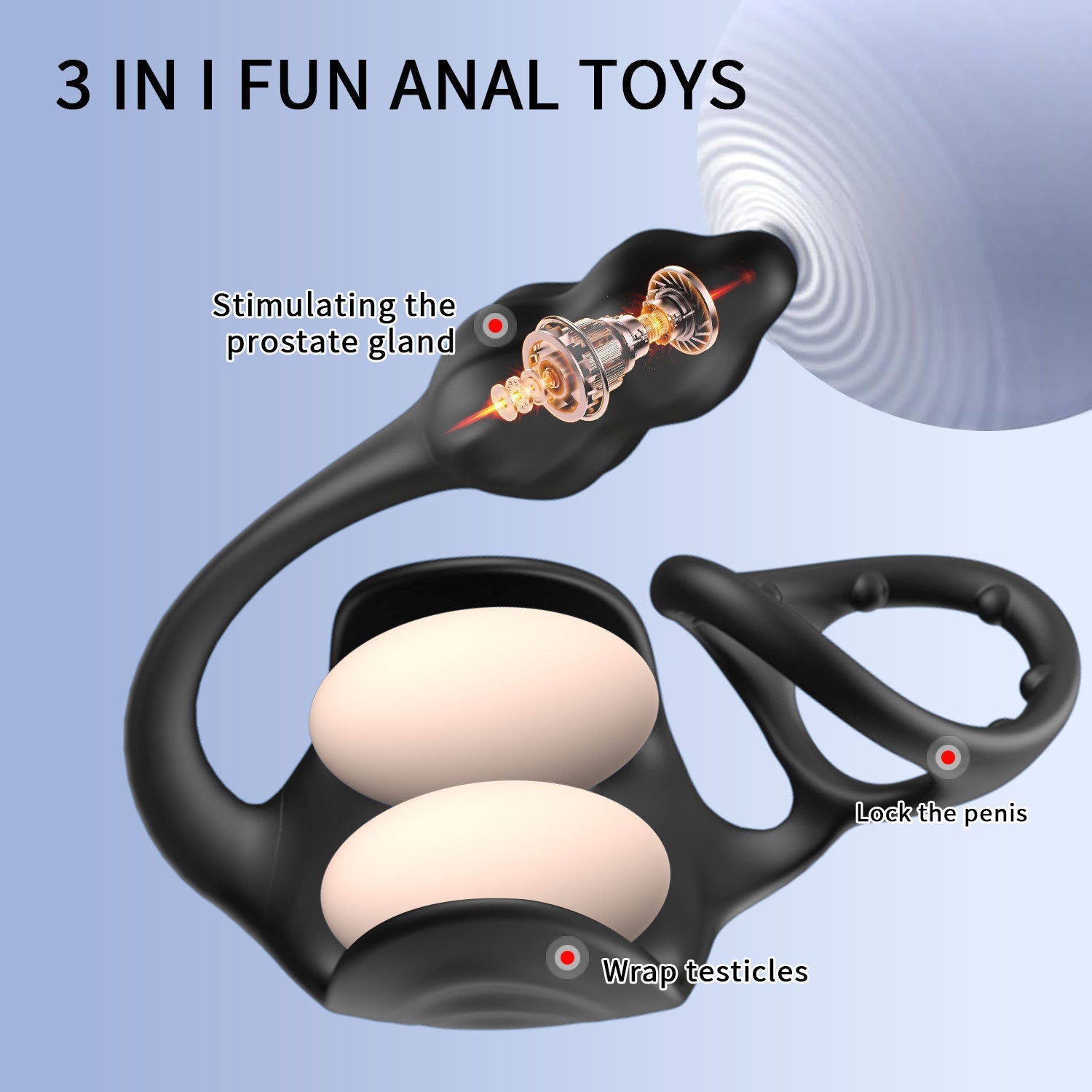 Black 3-in-1 wearable electric male prostate stimulator with ring. It has three functions
