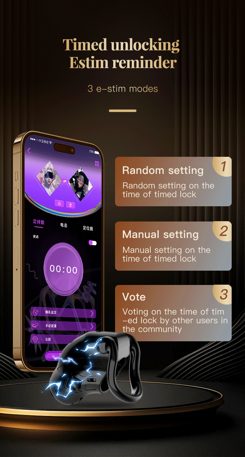 The black app control multifunctional male chastity cage has 3 shock modes