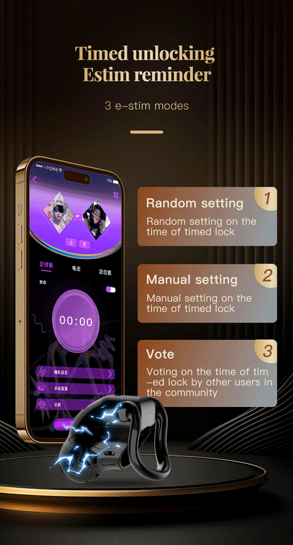 The black app control multifunctional male chastity cage has 3 shock modes
