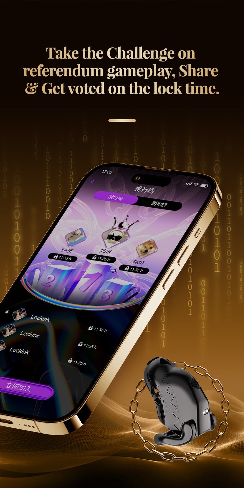 The black app controls a multifunctional male chastity cage with a public voting mode