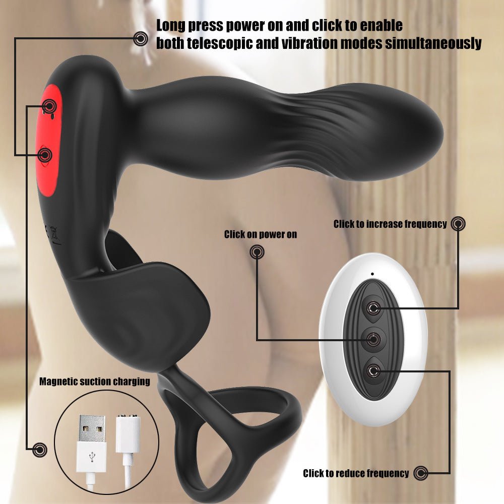 Black bullet-shaped electric male prostate stimulator with ring start-up instructions