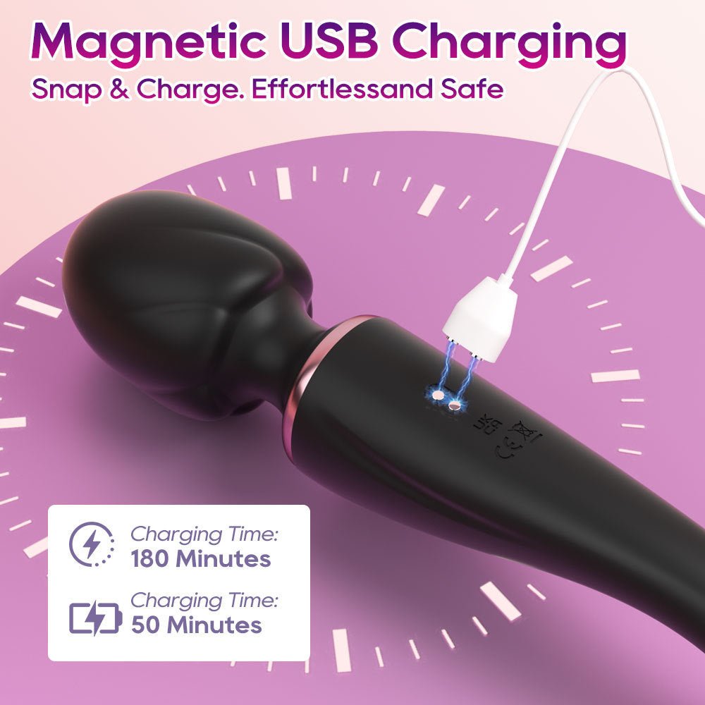 The black double headed female vibrator features magnetic USB charging
