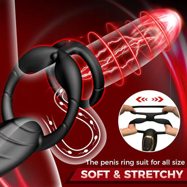 Black electric male prostate stimulator with penis ring suitable for use with penises of different sizes