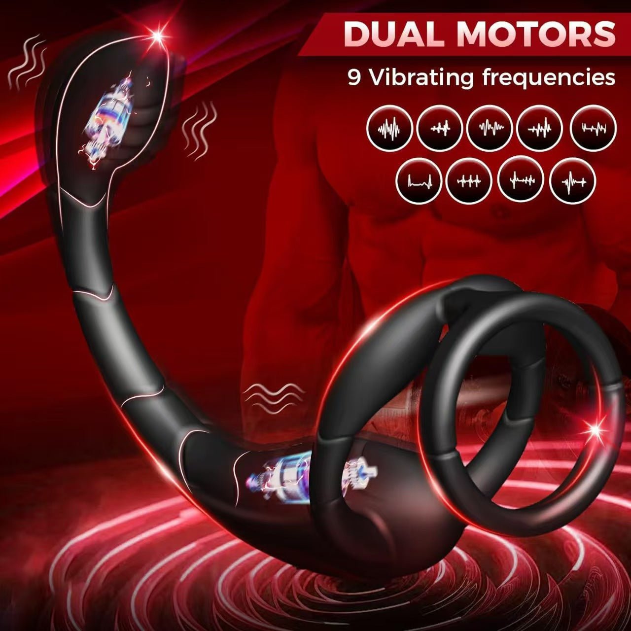 Black electric male prostate stimulator with penis ring has 9 frequencies