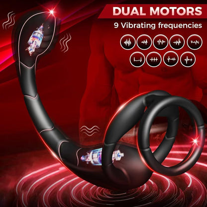 Black electric male prostate stimulator with penis ring has 9 frequencies