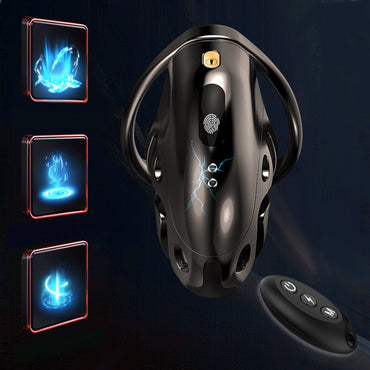 Black electric remote control chastity cage with built-in motor providing current sensing