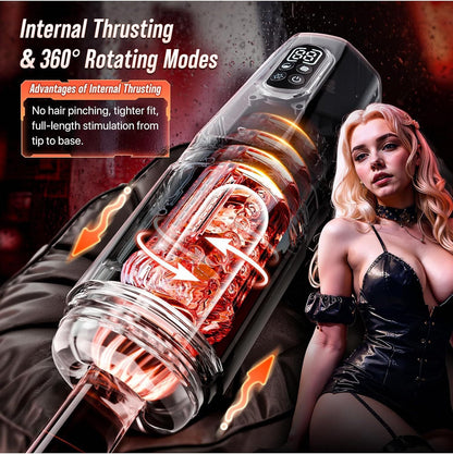 The black handheld 360-degree fully enclosed automatic male masturbator provides 360-degree rotating enveloping stimulation