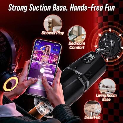 Black handheld 360-degree fully enclosed automatic male masturbator, allowing for hands-free use