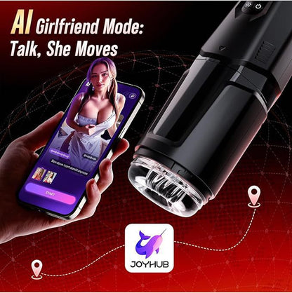 Black handheld 360-degree fully enclosed automatic male masturbator, voice control available