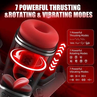 The black handheld heated automatic male masturbator has 7 modes: propulsion, rotation, and vibration
