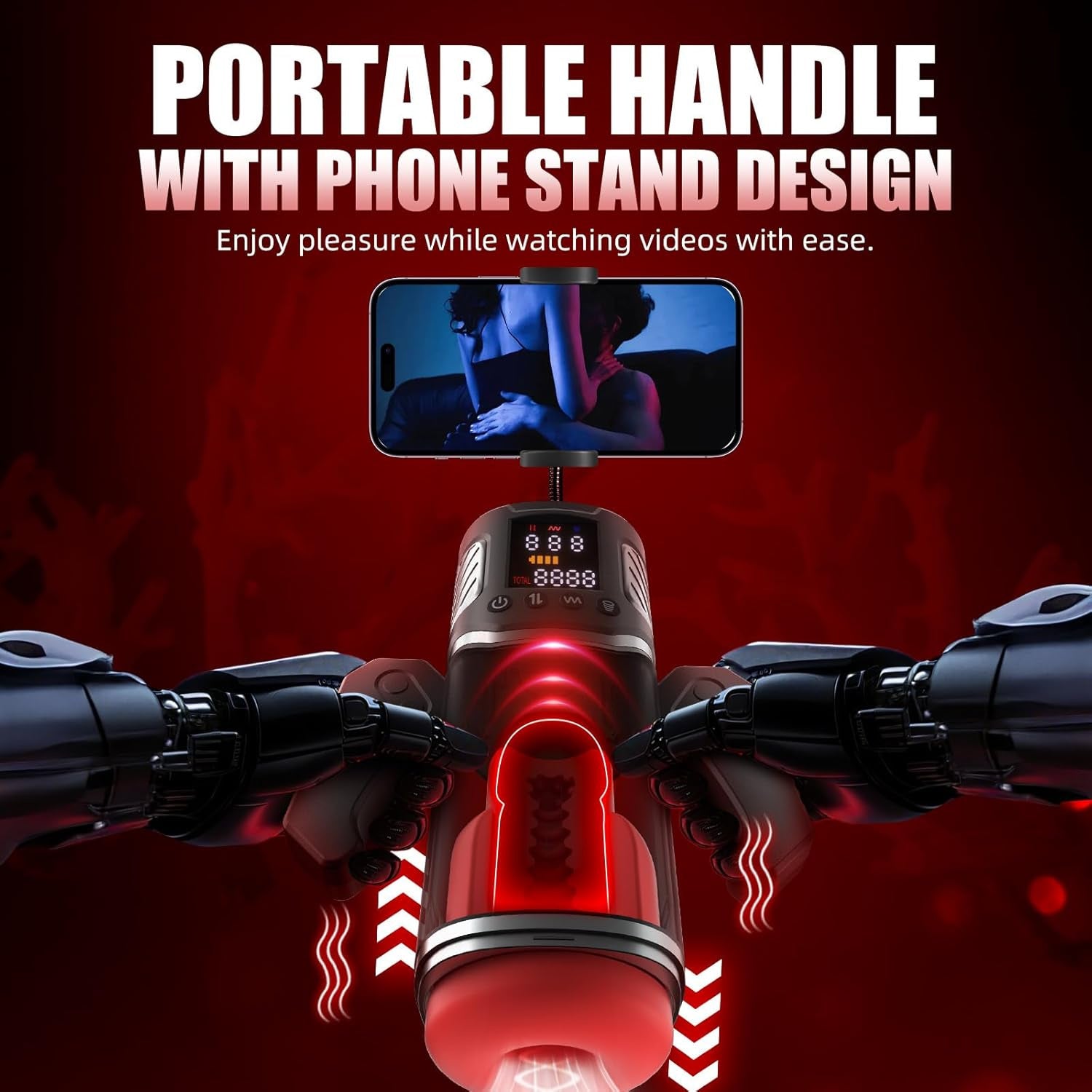 Black handheld heated automatic male masturbator with stand design for video viewing