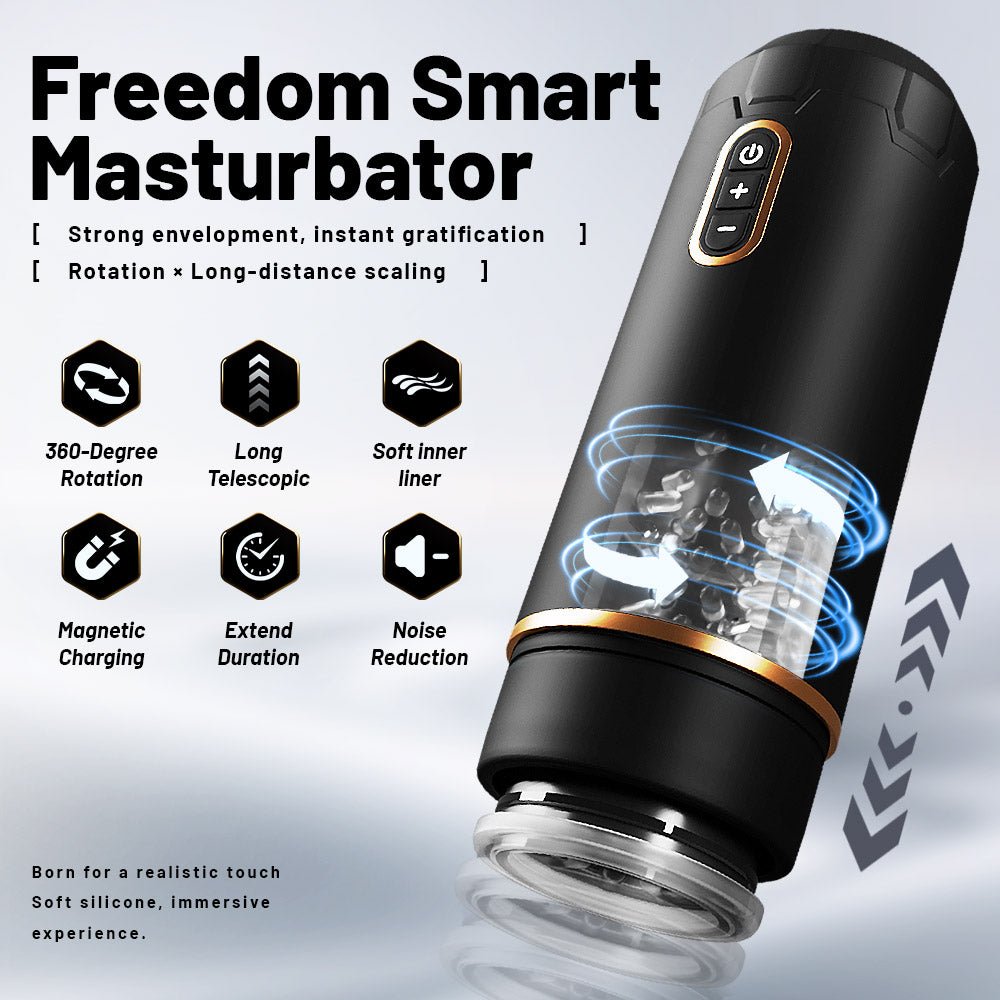 The black handheld rotating automatic male masturbator has 6 functional designs