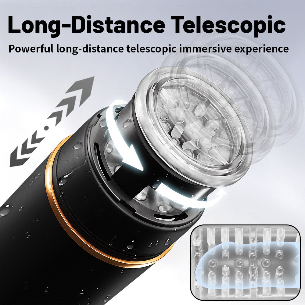 The sleeve of the black handheld rotating automatic male masturbator features an extended design