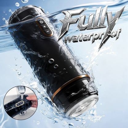 The black handheld rotating automatic male masturbator features a waterproof design