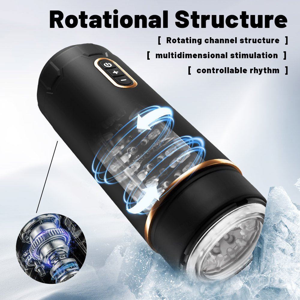 The black handheld rotating automatic male masturbator features an internal vaginal-like design and a rotating structure