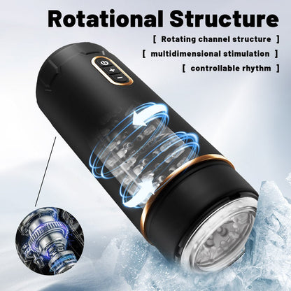 The black handheld rotating automatic male masturbator features an internal vaginal-like design and a rotating structure