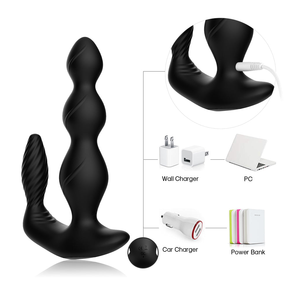 black progressive double-ended electric male prostate stimulator compatible with charging multiple devices