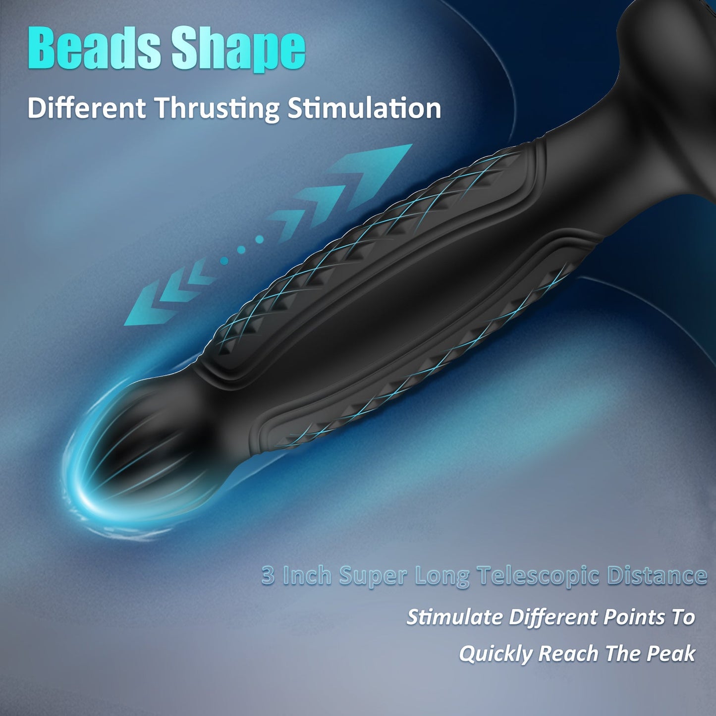 The black simulated silicone electric butt plug has different texture designs on its surface