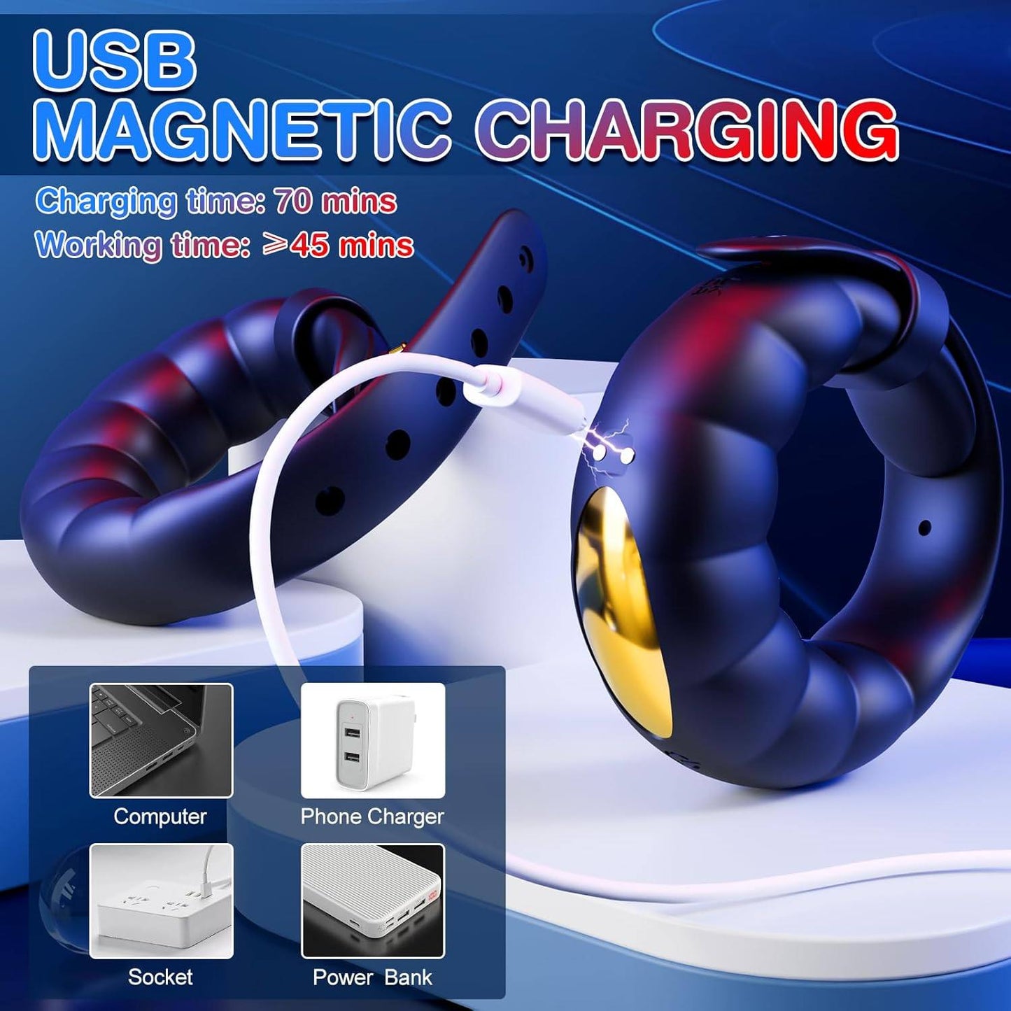 The black strap on the electric male cock ring is USB charged and operates for approximately one hour
