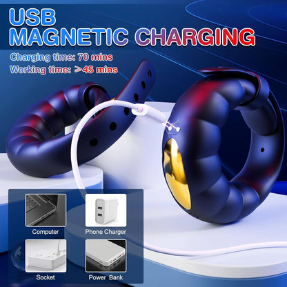 The black strap on the electric male cock ring is USB charged and operates for approximately one hour